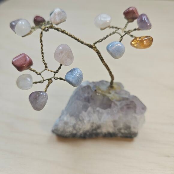 Vintage Handmade Twisted Wire Tree Sculpture with Crystal Base Mixed Gem Stones - Picture 1 of 8